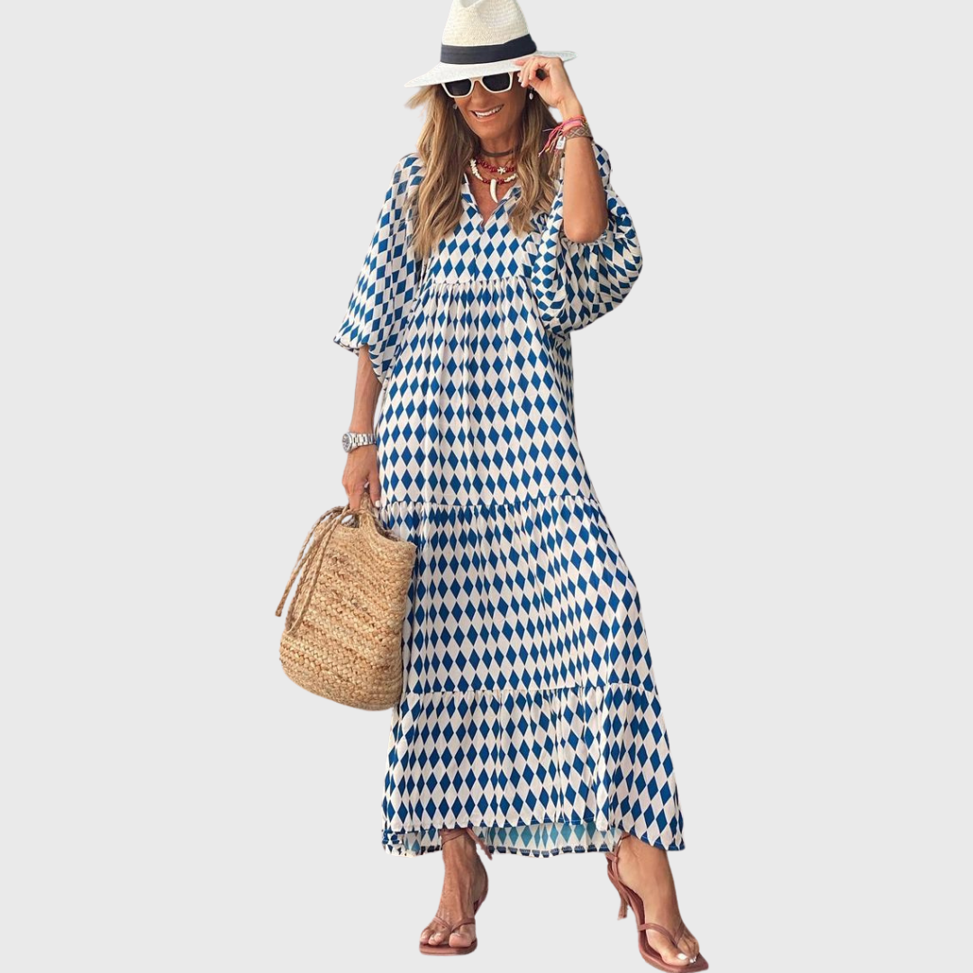 Woman wearing a printed tiered maxi dress with balloon sleeves and V-neckline - view 5