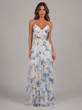 Larissa floral corset maxi dress in sheer chiffon with blue watercolour print and cascading ruffle skirt