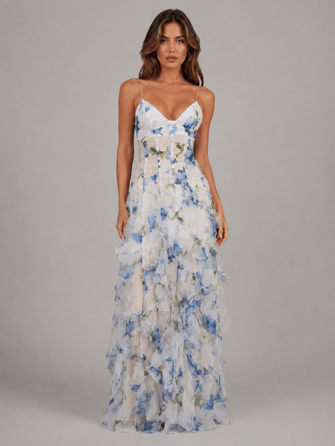Larissa floral corset maxi dress in sheer chiffon with blue watercolour print and cascading ruffle skirt