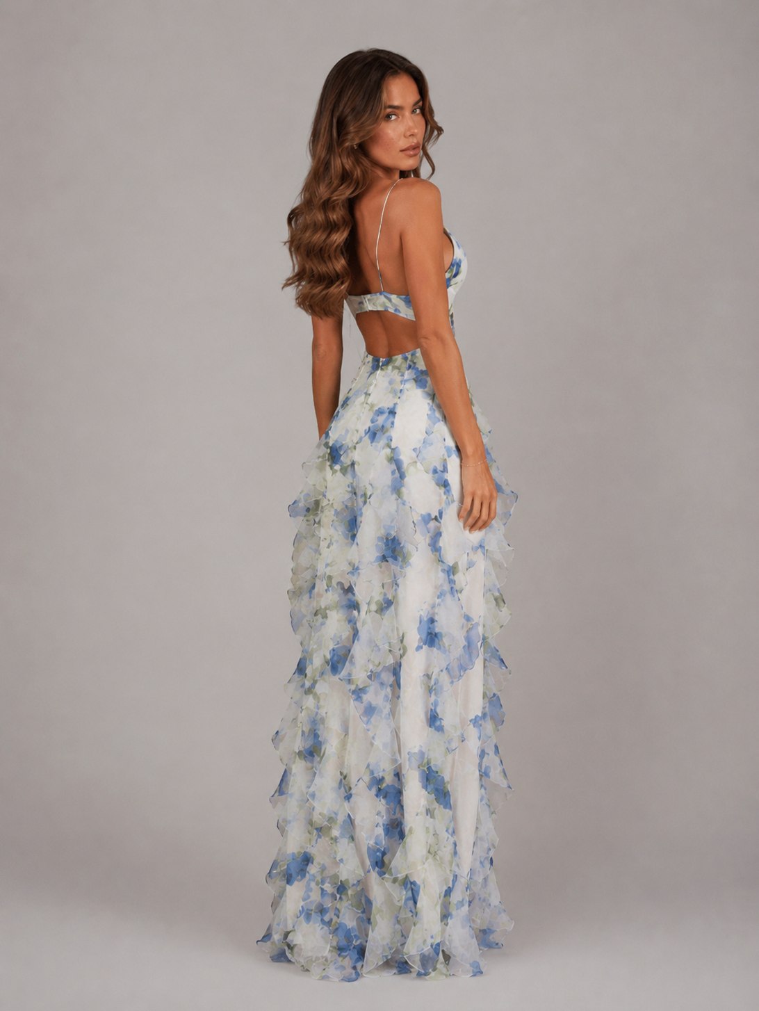 Larissa floral corset maxi dress in sheer chiffon with blue watercolour print and cascading ruffle skirt - view 2