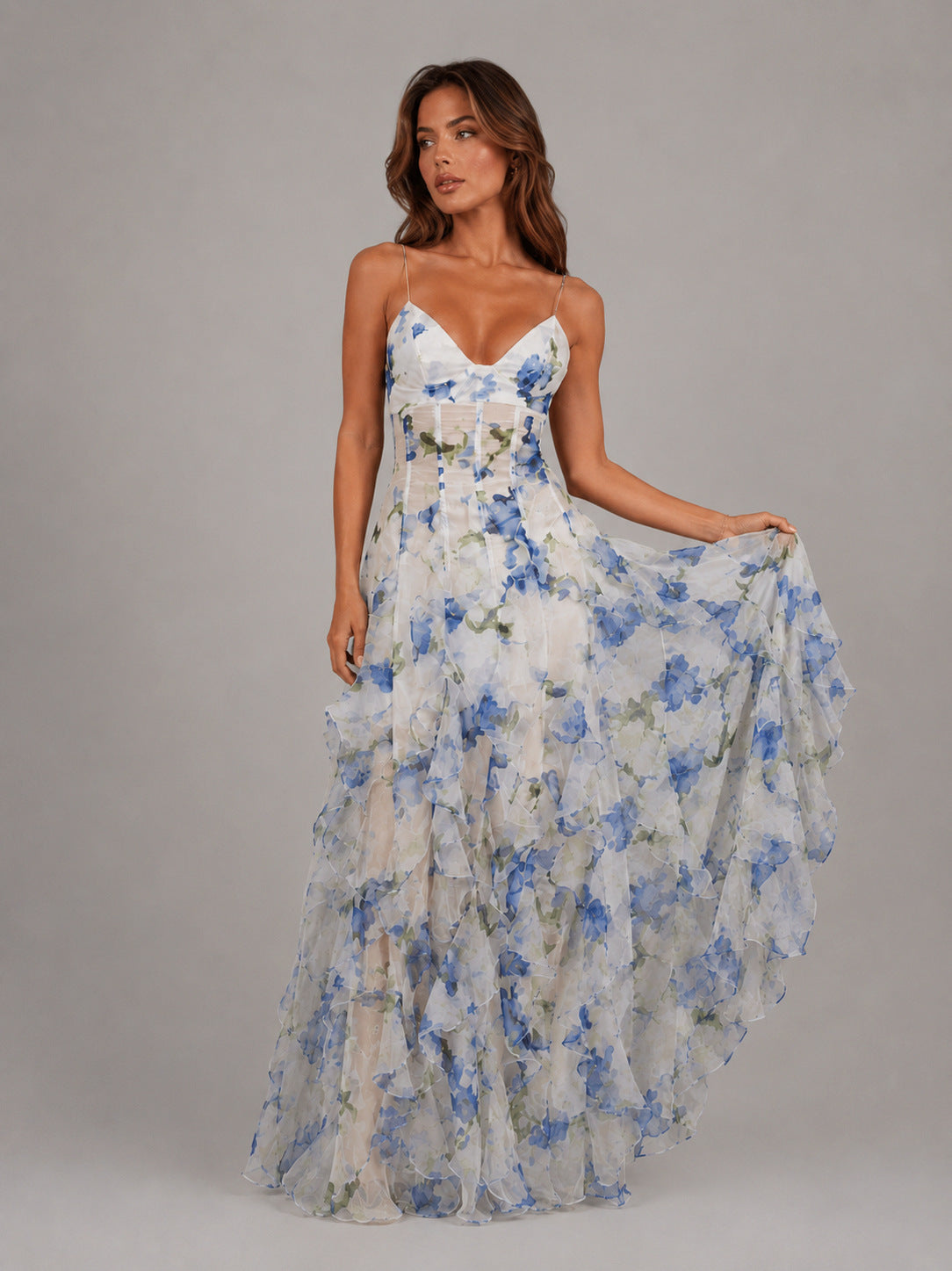 Larissa floral corset maxi dress in sheer chiffon with blue watercolour print and cascading ruffle skirt - view 3