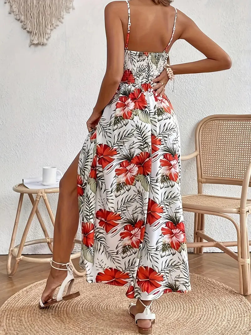 Woman wearing a tropical floral maxi dress with lace lattice waist and side slit - view 4