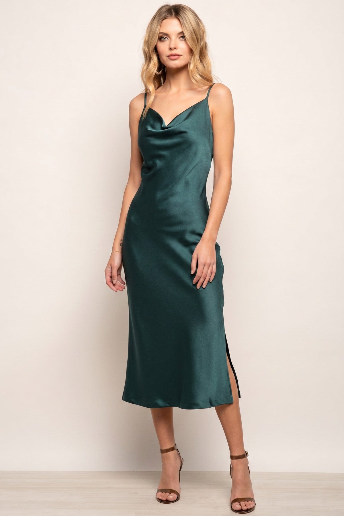 Satin cowl neck midi slip dress with thin straps and side split