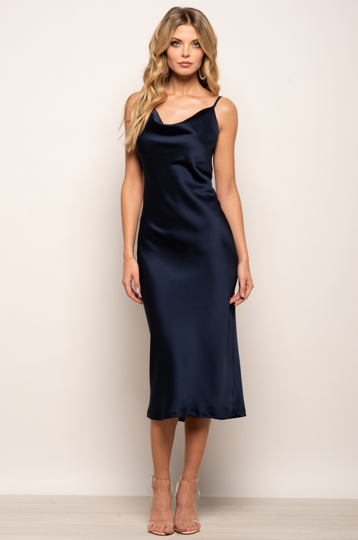 Satin cowl neck midi slip dress with thin straps and side split - view 16