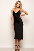 Satin cowl neck midi slip dress with thin straps and side split - view 17