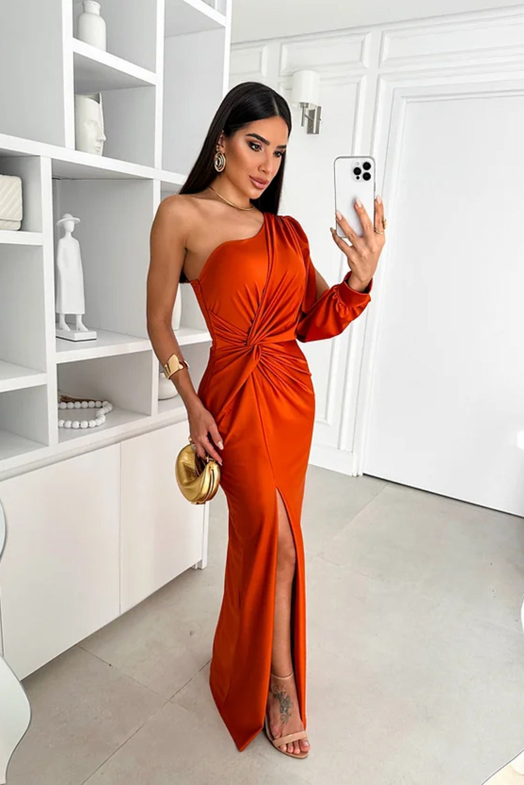 Woman wearing a one shoulder satin formal maxi dress with split sleeve and front slit - view 18