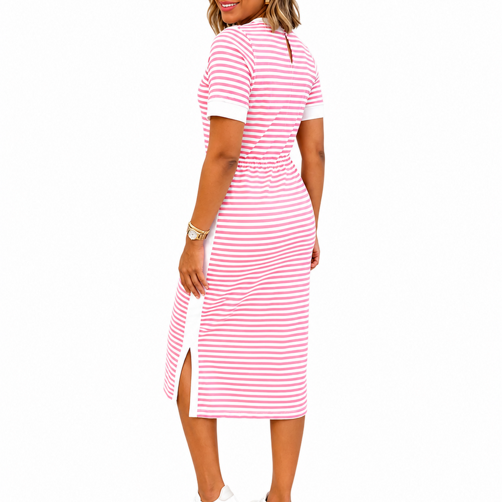 Women's striped short sleeve midi T-shirt dress with white contrast cuffs - view 10