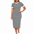 Women's striped short sleeve midi T-shirt dress with white contrast cuffs - view 3