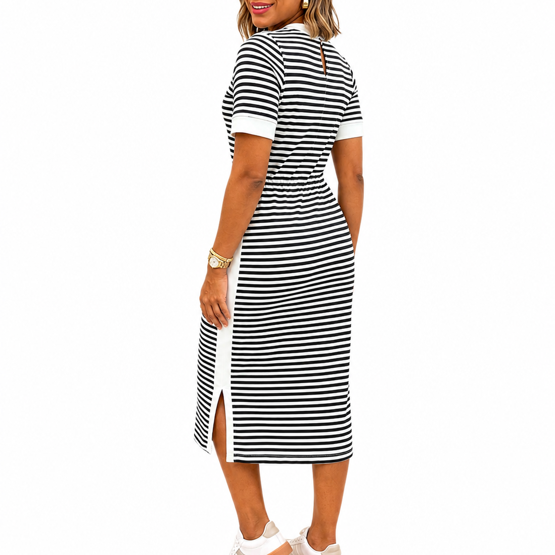 Women's striped short sleeve midi T-shirt dress with white contrast cuffs - view 4