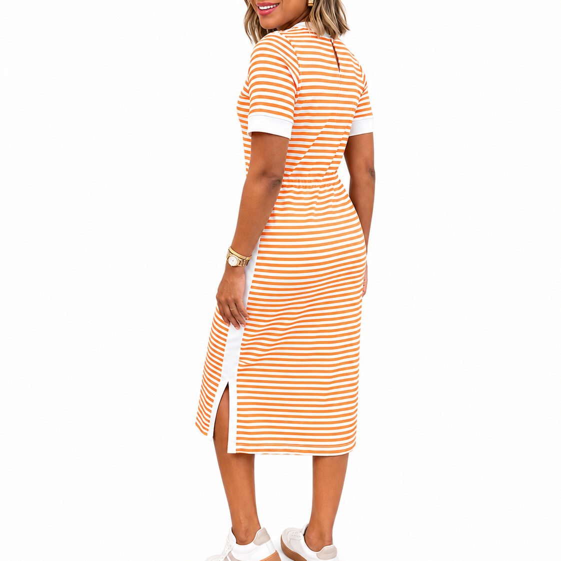 Women's striped short sleeve midi T-shirt dress with white contrast cuffs - view 8