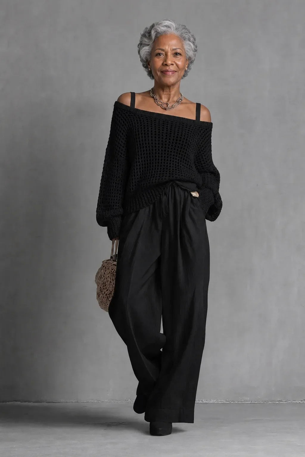 Off the shoulder open knit long sleeve top with high-waisted wide leg pants, two piece set - view 4