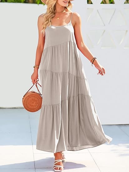 Lola tiered maxi dress for women with spaghetti straps and asymmetric tiers