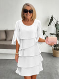 Layered holiday party dress with split sleeves and tiered ruffle skirt