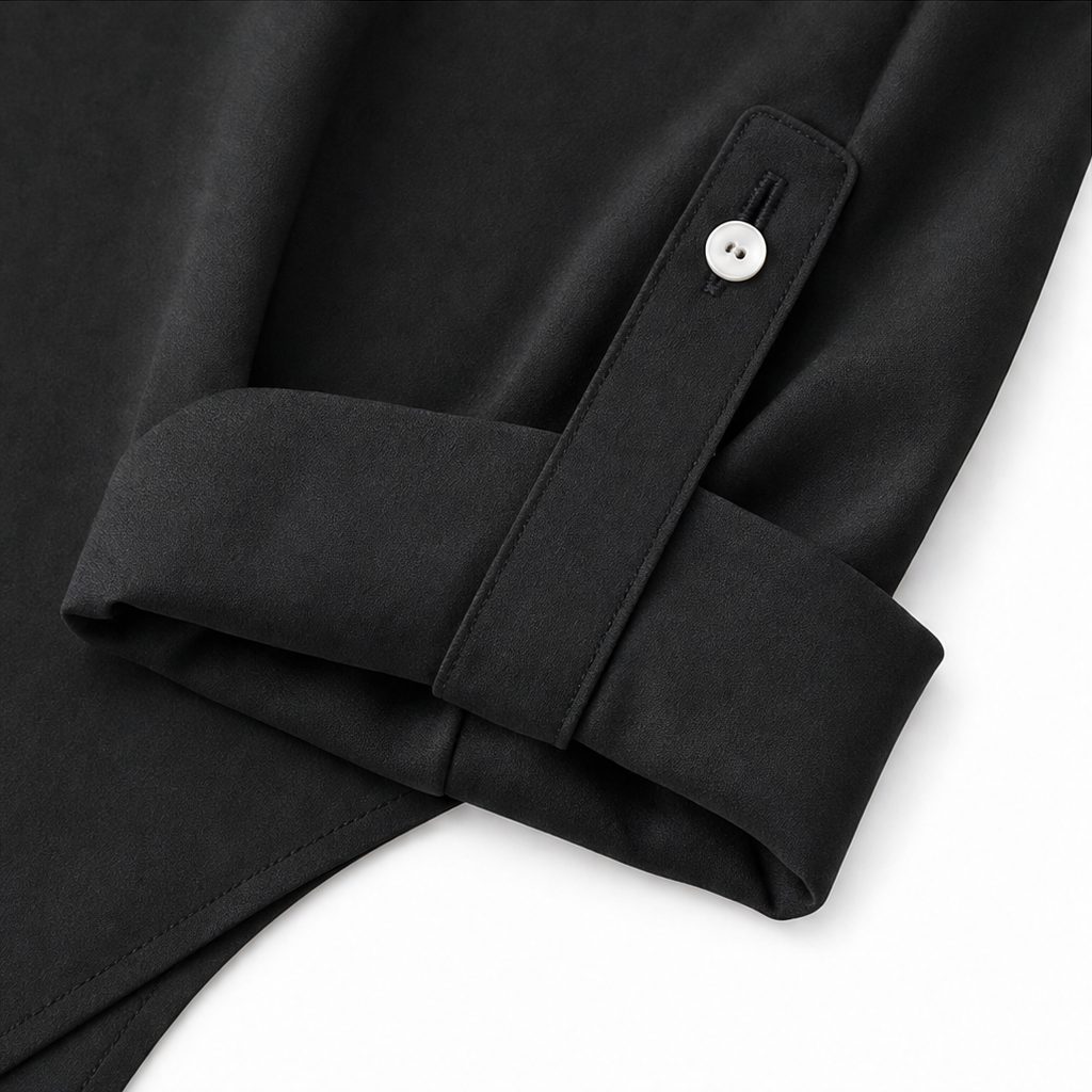 Woman wearing a long sleeve button-front shirt dress with roll-tab sleeves and a curved high-low hem - view 10