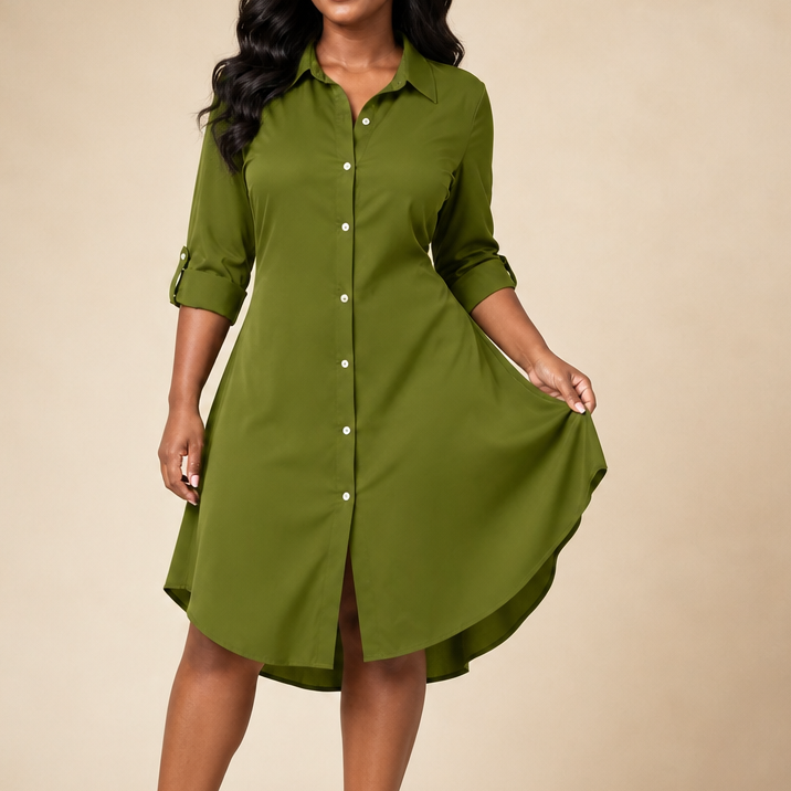 Woman wearing a long sleeve button-front shirt dress with roll-tab sleeves and a curved high-low hem - view 12