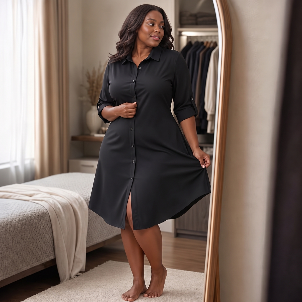 Woman wearing a long sleeve button-front shirt dress with roll-tab sleeves and a curved high-low hem - view 5