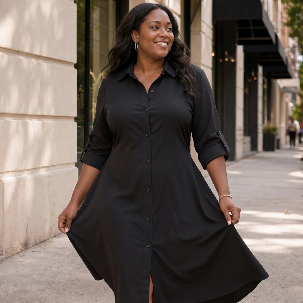 Woman wearing a long sleeve button-front shirt dress with roll-tab sleeves and a curved high-low hem - view 7