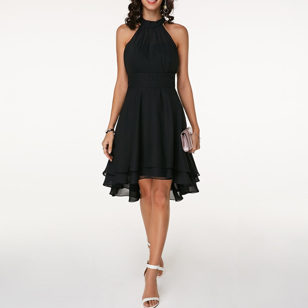 Halter neck tiered cocktail dress with gathered bodice, fitted waistband and layered high-low hem