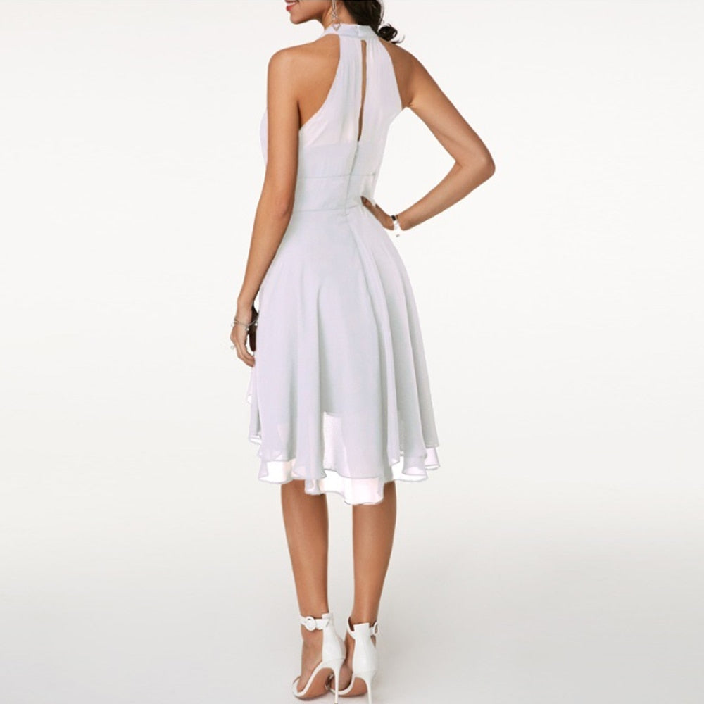 Halter neck tiered cocktail dress with gathered bodice, fitted waistband and layered high-low hem - view 7