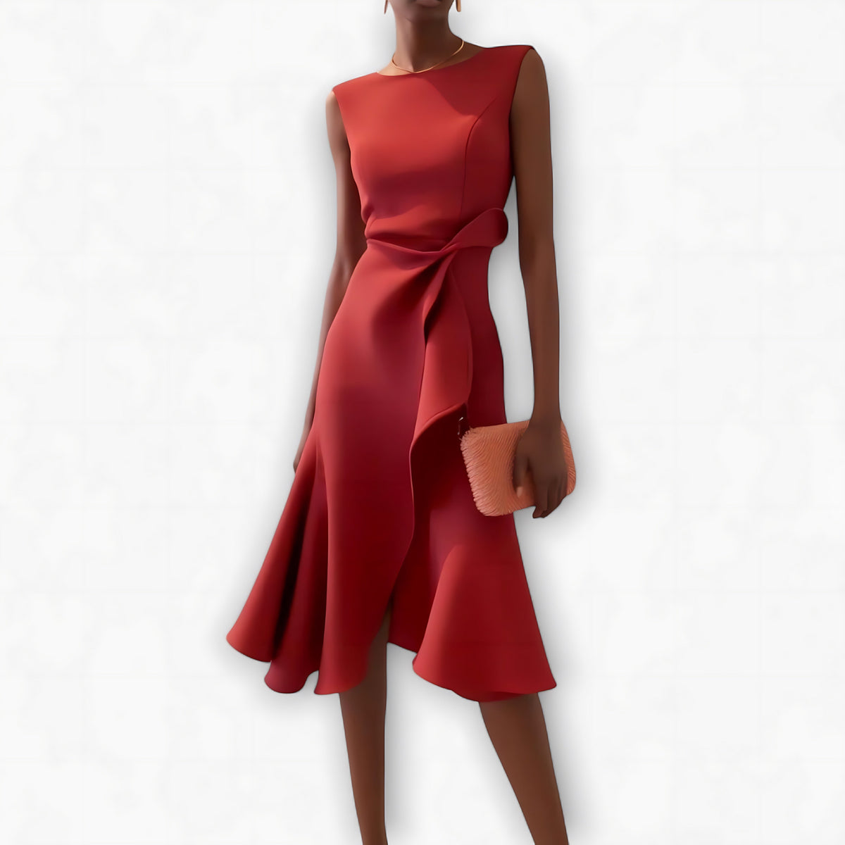 Sleeveless midi cocktail dress with draped ruffle and asymmetric hem