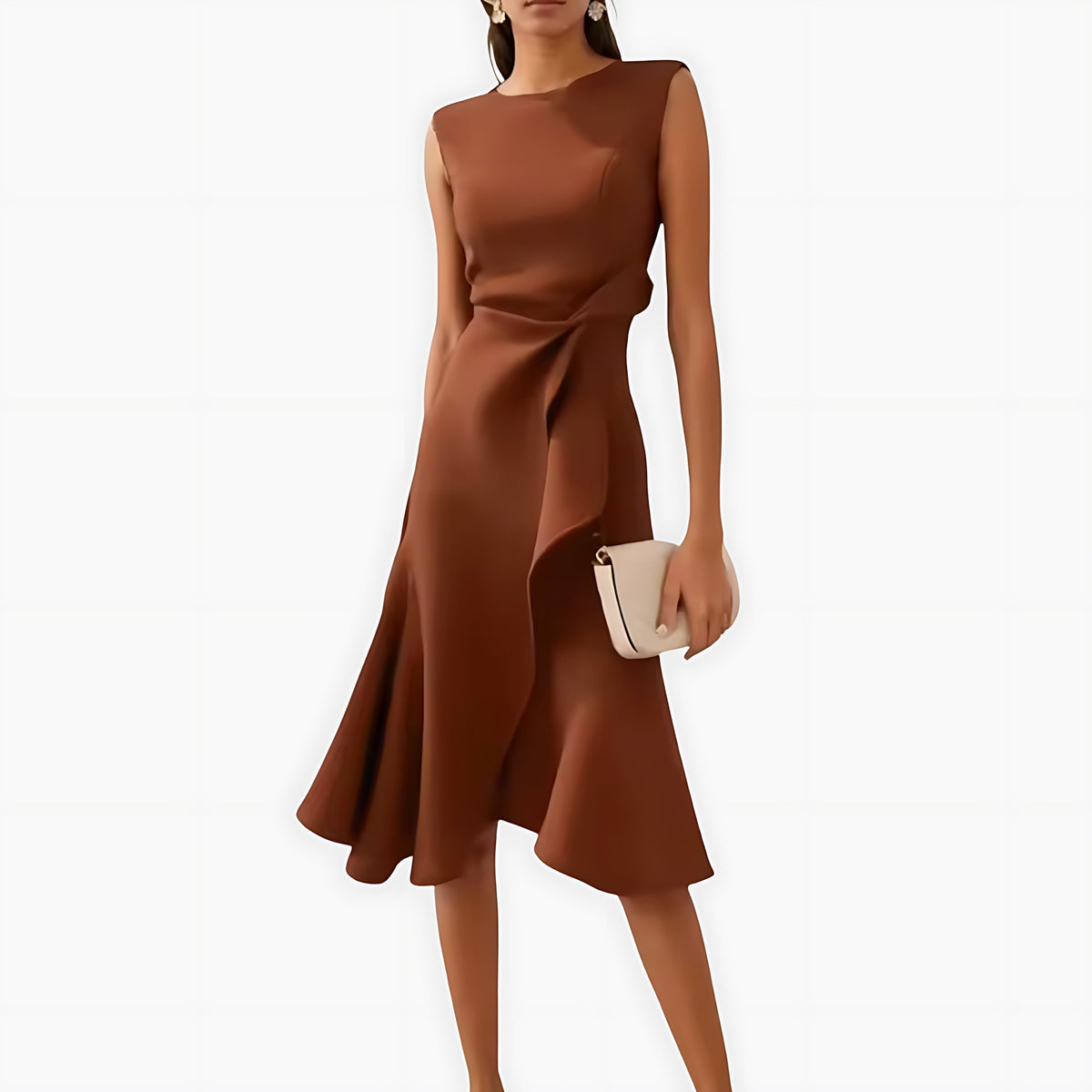 Sleeveless midi cocktail dress with draped ruffle and asymmetric hem - view 10