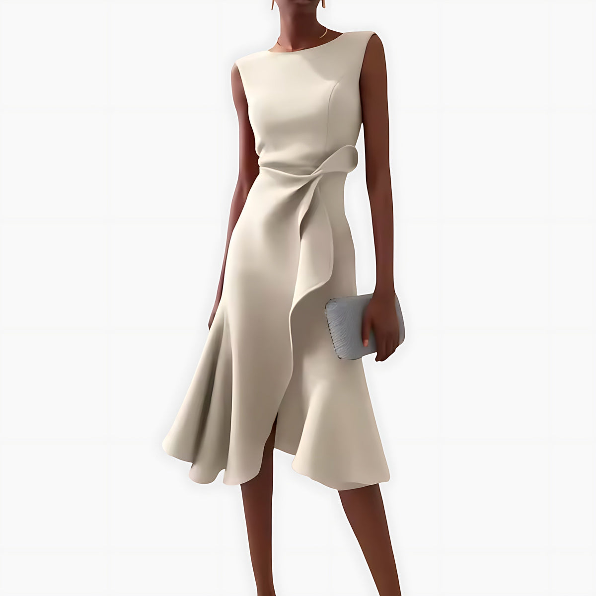 Sleeveless midi cocktail dress with draped ruffle and asymmetric hem - view 11