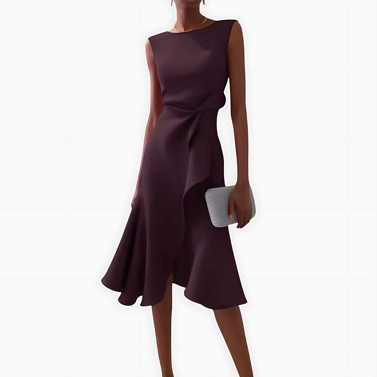 Sleeveless midi cocktail dress with draped ruffle and asymmetric hem - view 12