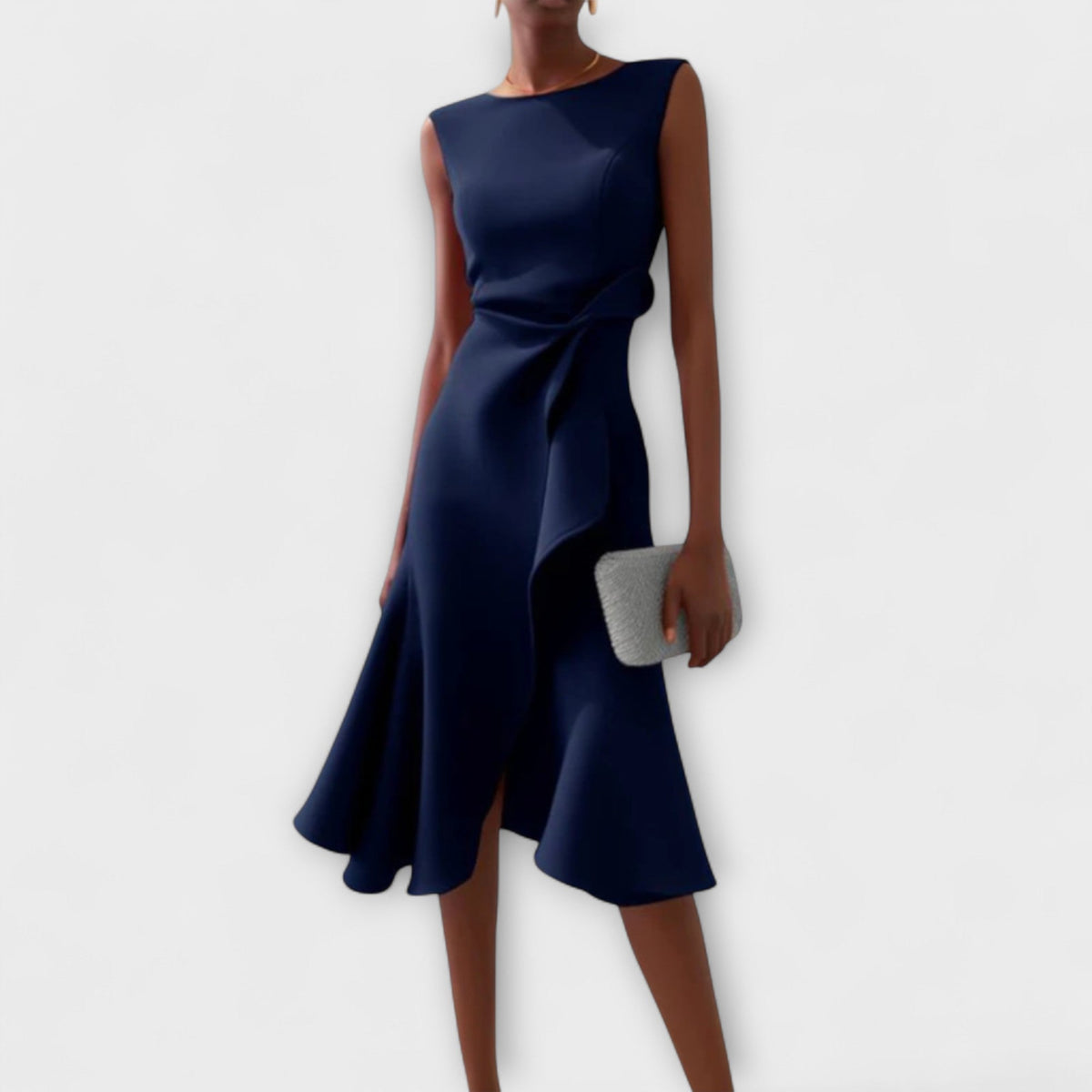 Sleeveless midi cocktail dress with draped ruffle and asymmetric hem - view 13