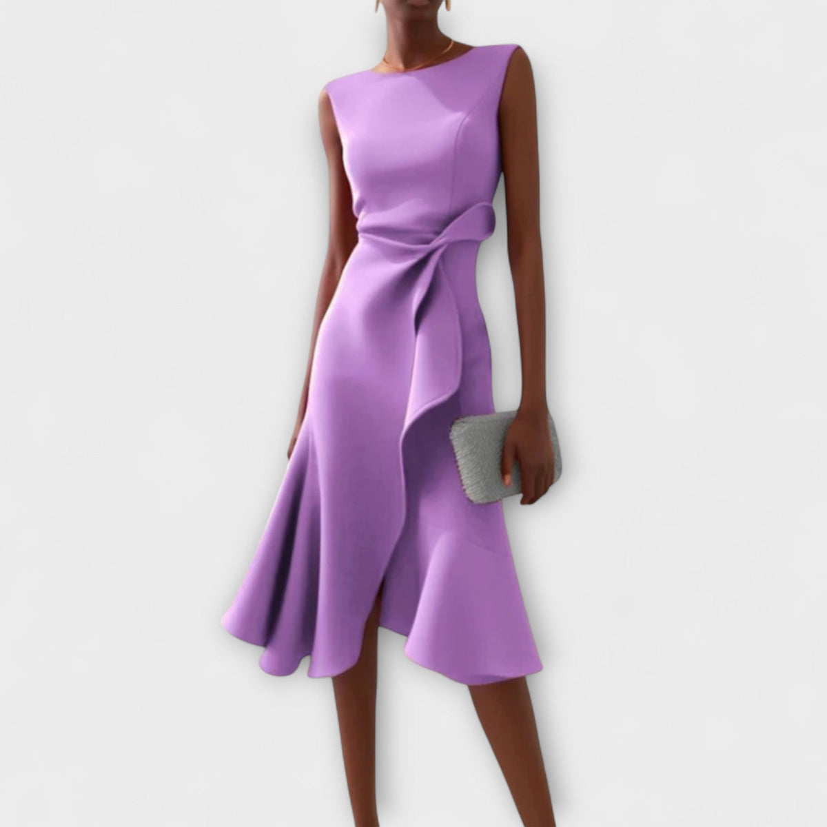 Sleeveless midi cocktail dress with draped ruffle and asymmetric hem - view 16