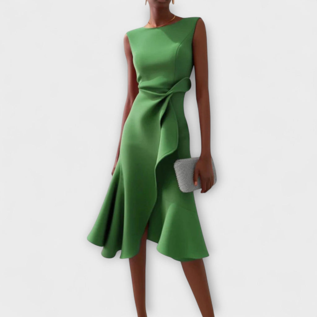 Sleeveless midi cocktail dress with draped ruffle and asymmetric hem - view 17