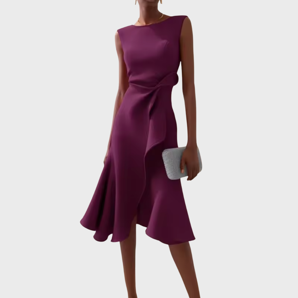 Sleeveless midi cocktail dress with draped ruffle and asymmetric hem - view 18