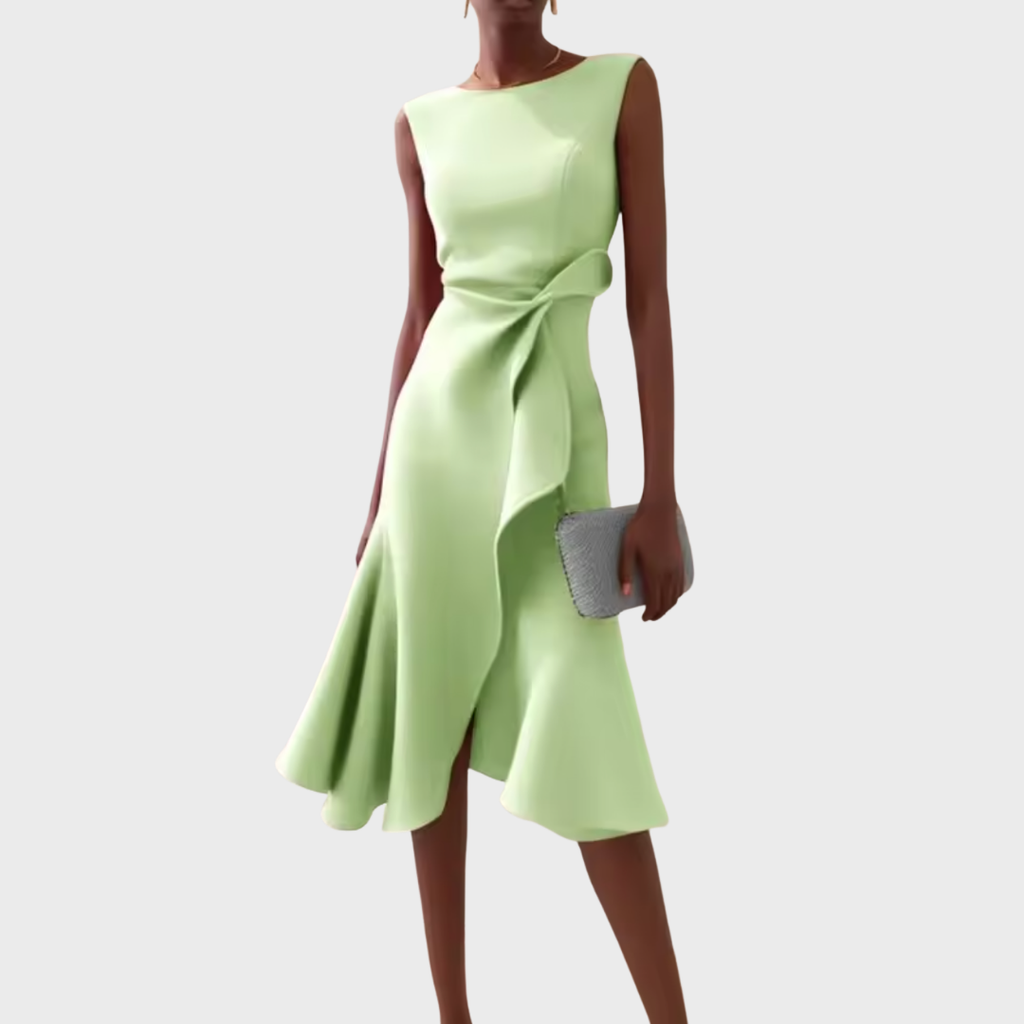 Sleeveless midi cocktail dress with draped ruffle and asymmetric hem - view 19