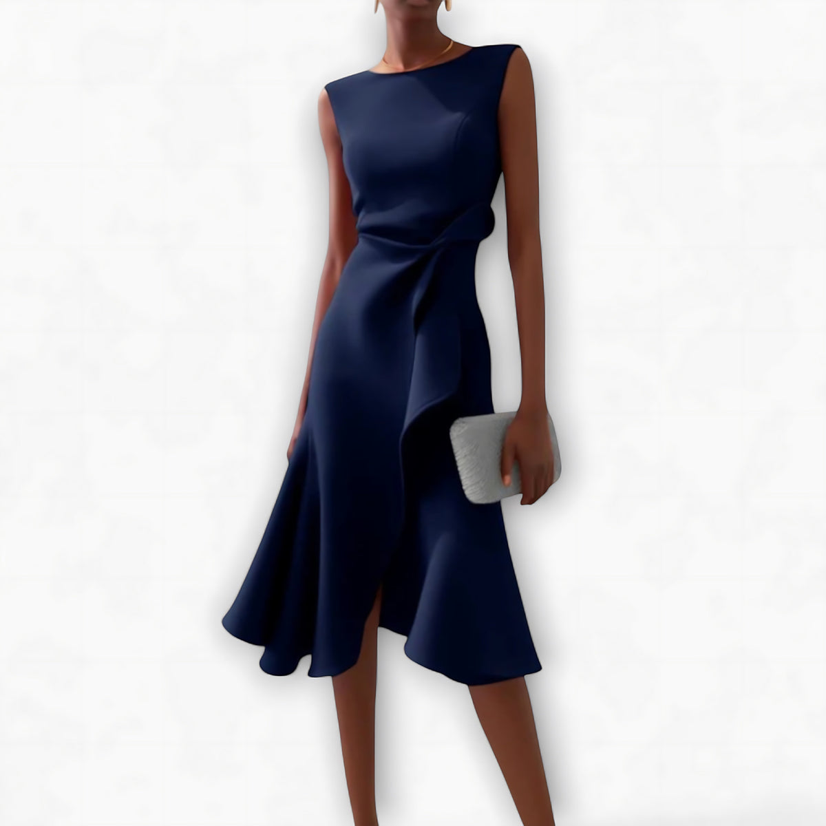 Sleeveless midi cocktail dress with draped ruffle and asymmetric hem - view 2