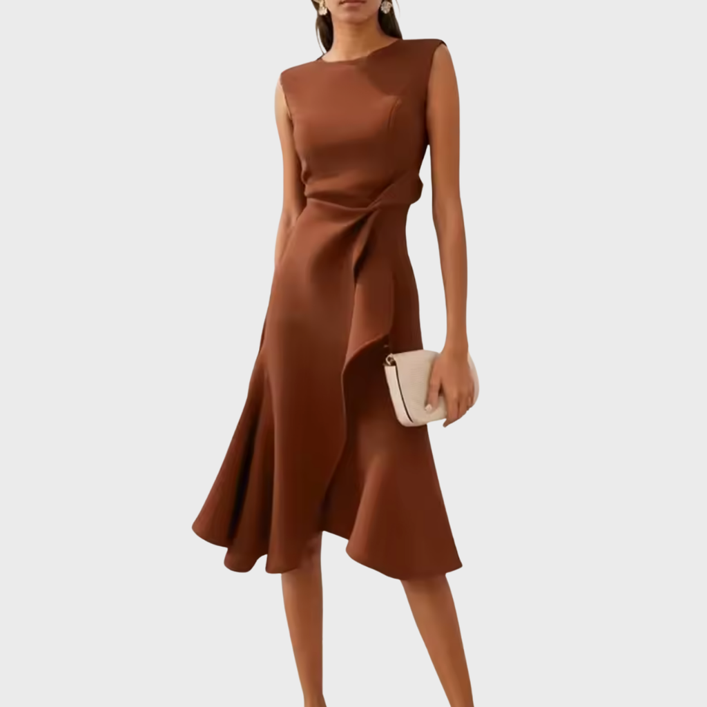 Sleeveless midi cocktail dress with draped ruffle and asymmetric hem - view 20