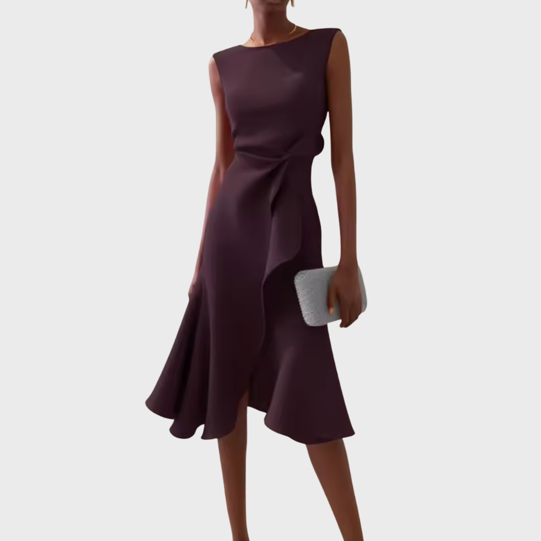 Sleeveless midi cocktail dress with draped ruffle and asymmetric hem - view 21
