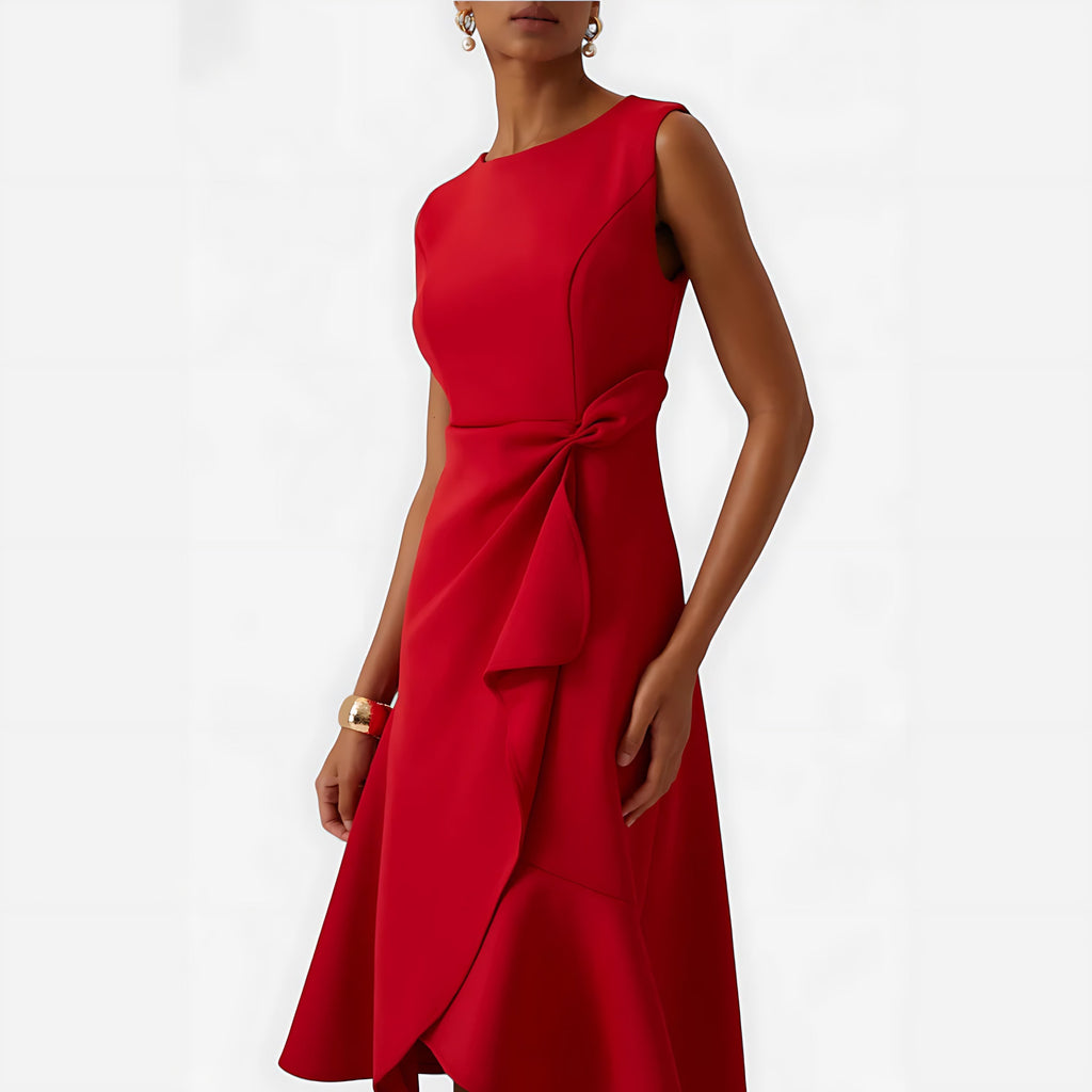 Sleeveless midi cocktail dress with draped ruffle and asymmetric hem - view 23