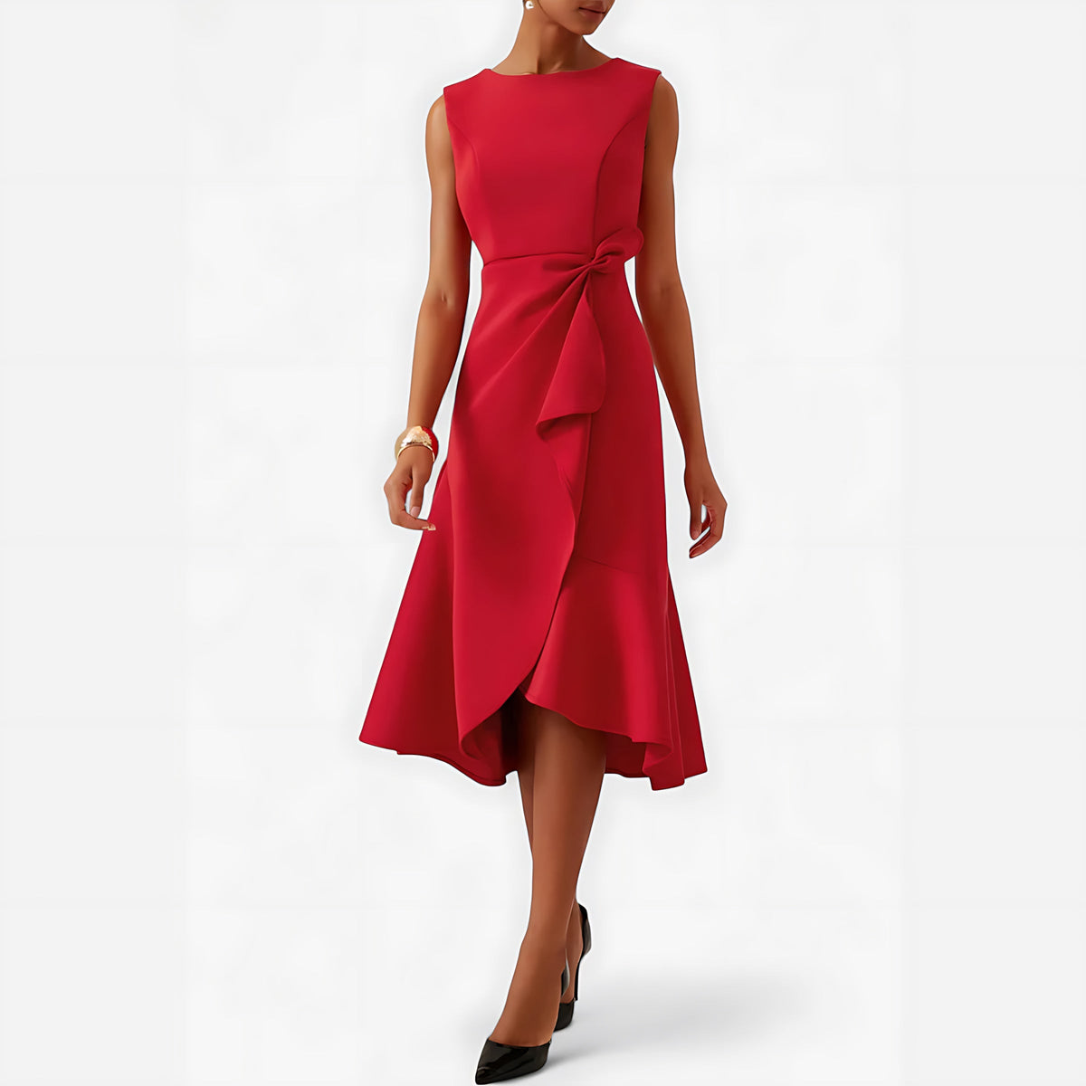 Sleeveless midi cocktail dress with draped ruffle and asymmetric hem - view 24