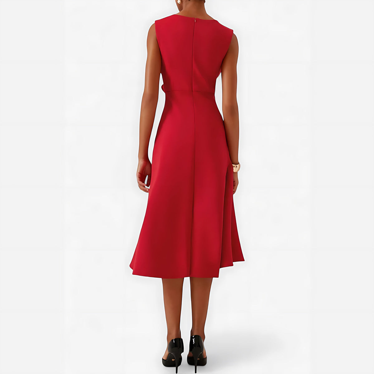 Sleeveless midi cocktail dress with draped ruffle and asymmetric hem - view 25