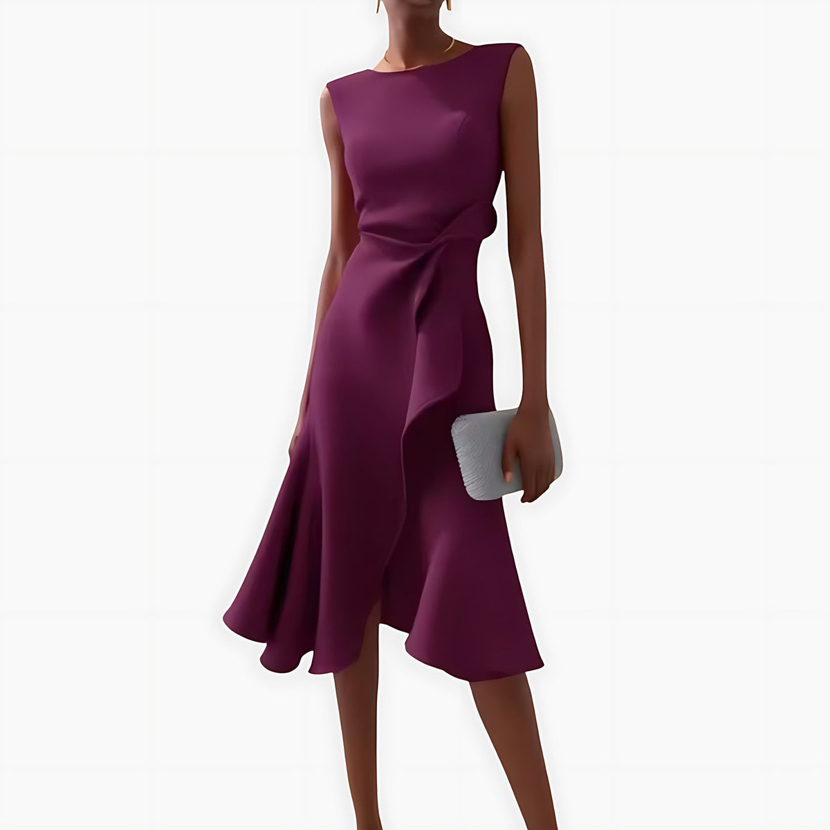 Sleeveless midi cocktail dress with draped ruffle and asymmetric hem - view 7