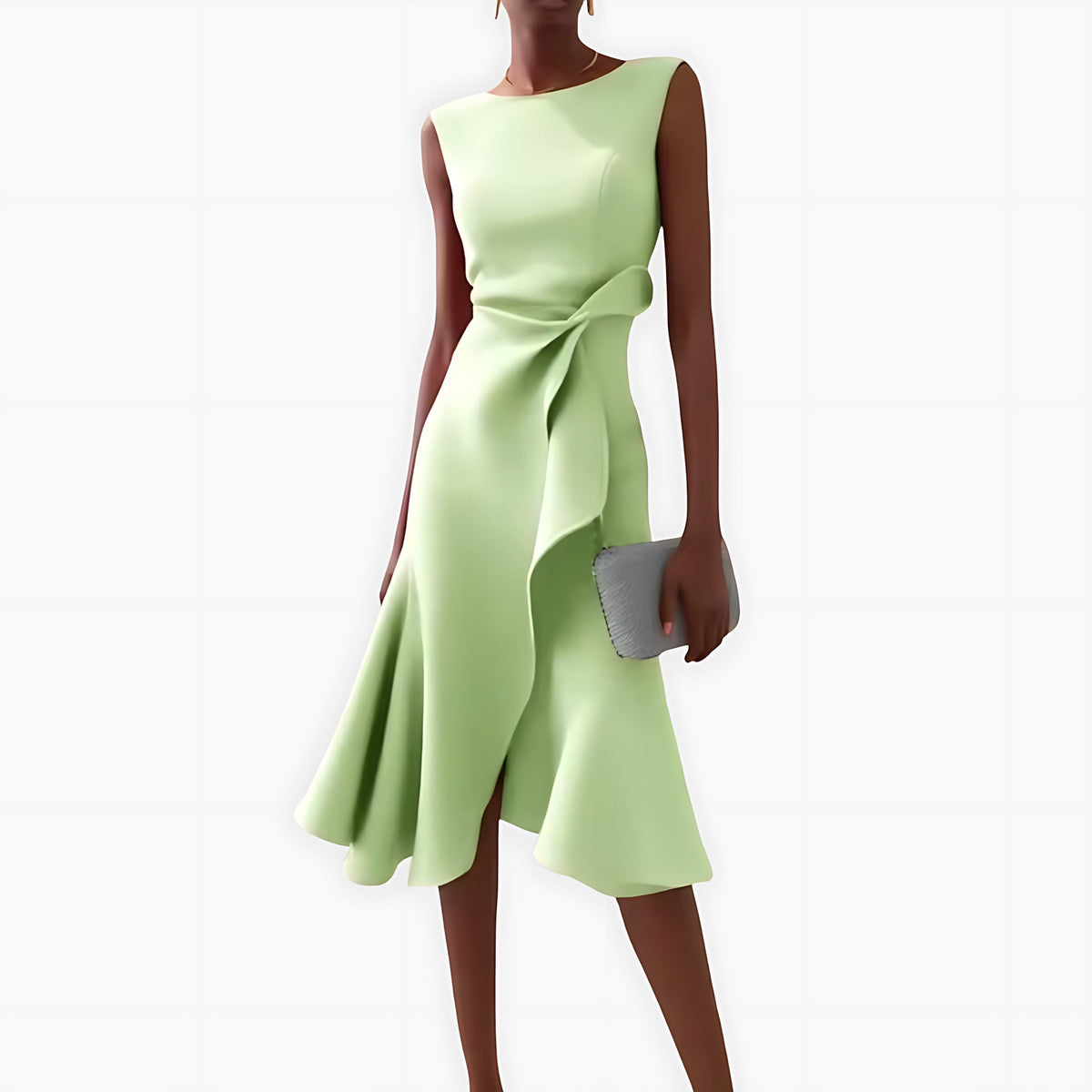 Sleeveless midi cocktail dress with draped ruffle and asymmetric hem - view 8