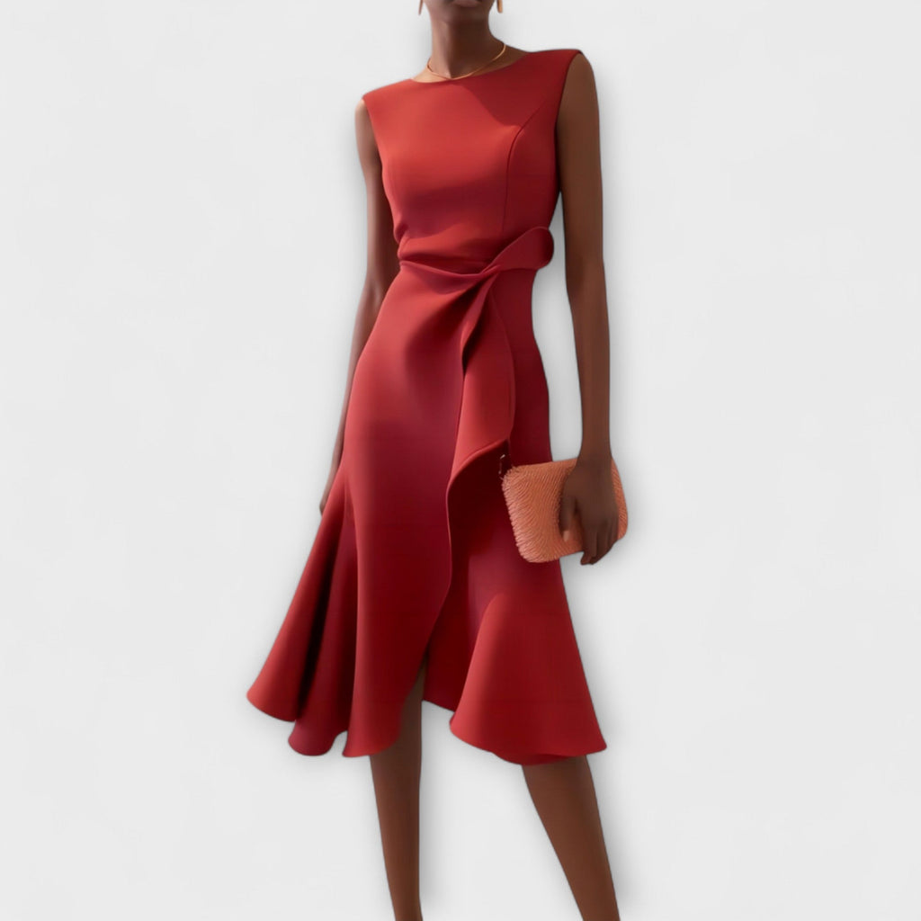 Sleeveless midi cocktail dress with draped ruffle and asymmetric hem - view 9