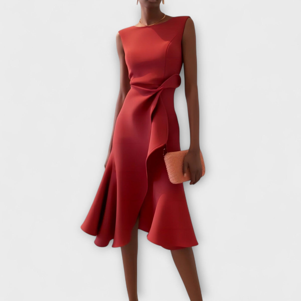 Sleeveless midi cocktail dress with draped ruffle and asymmetric hem - view 9