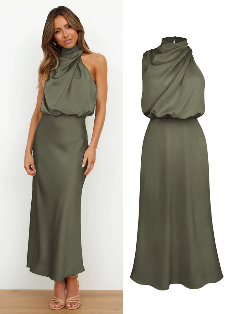 Woman wearing the Lucy satin formal midi dress with draped high neckline and cinched waist - view 10