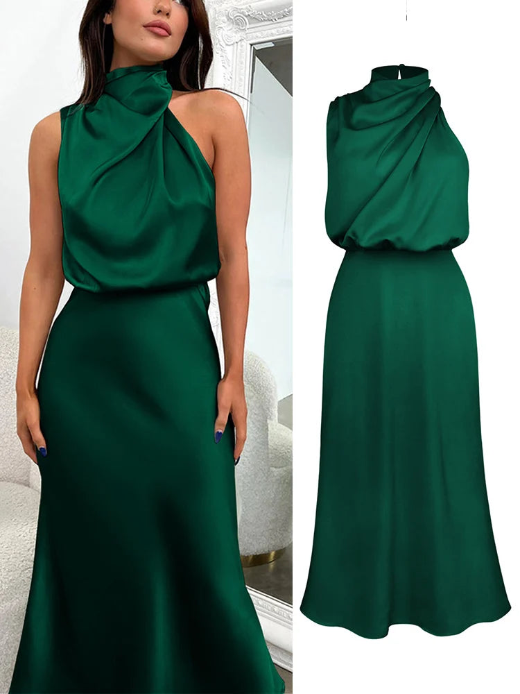 Woman wearing the Lucy satin formal midi dress with draped high neckline and cinched waist - view 11