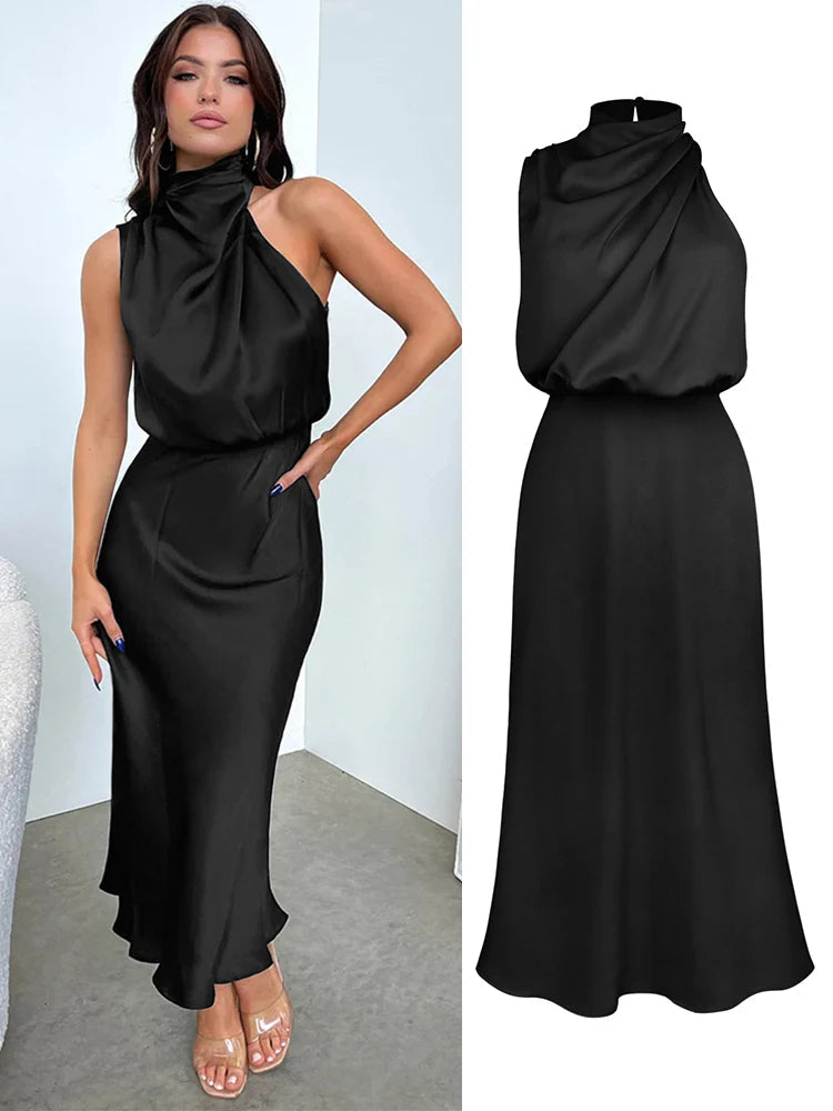 Woman wearing the Lucy satin formal midi dress with draped high neckline and cinched waist - view 12