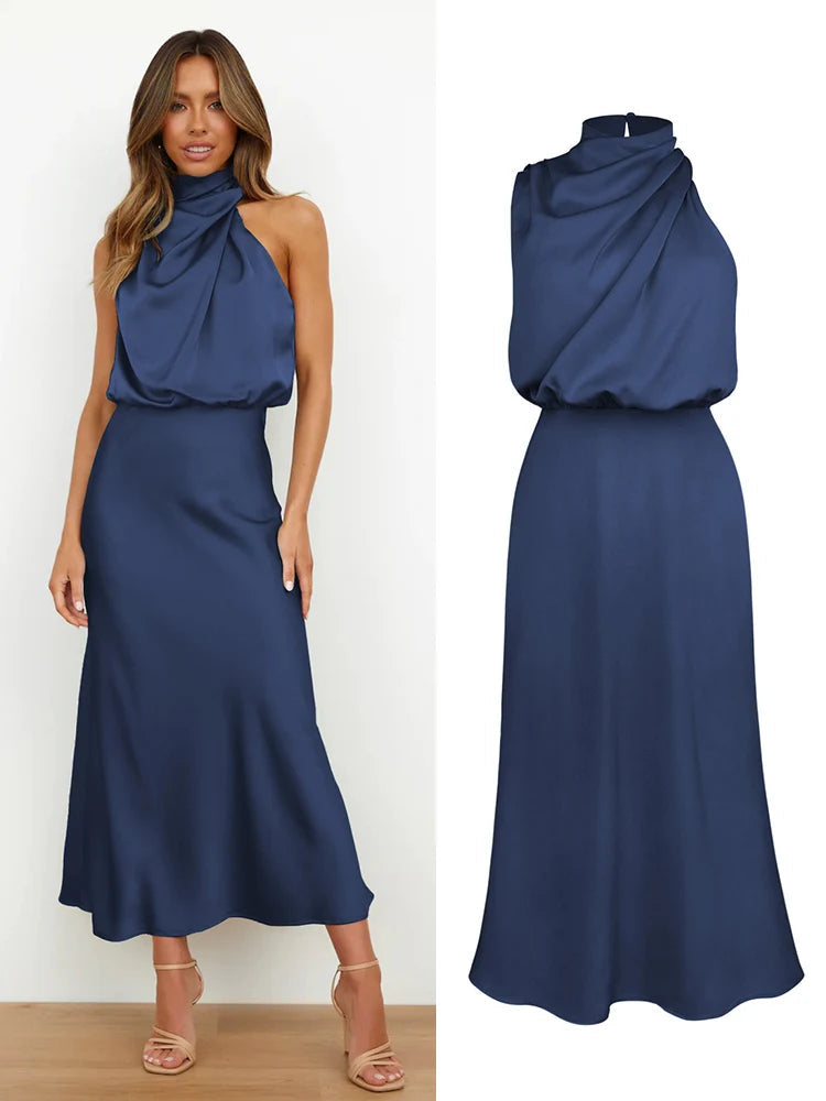 Woman wearing the Lucy satin formal midi dress with draped high neckline and cinched waist - view 13