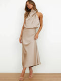 Woman wearing the Lucy satin formal midi dress with draped high neckline and cinched waist - view 2