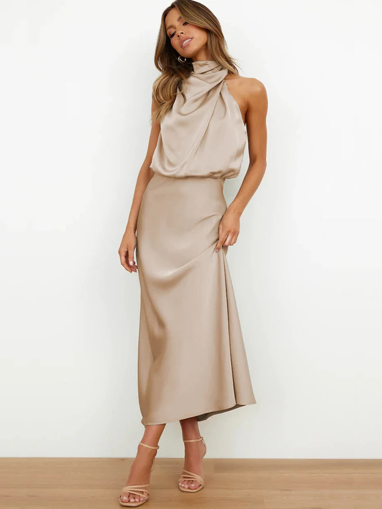 Woman wearing the Lucy satin formal midi dress with draped high neckline and cinched waist - view 2