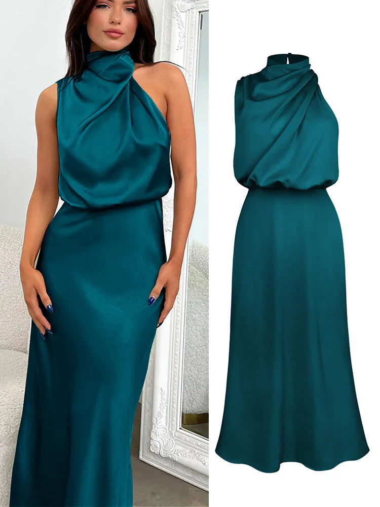 Woman wearing the Lucy satin formal midi dress with draped high neckline and cinched waist - view 3