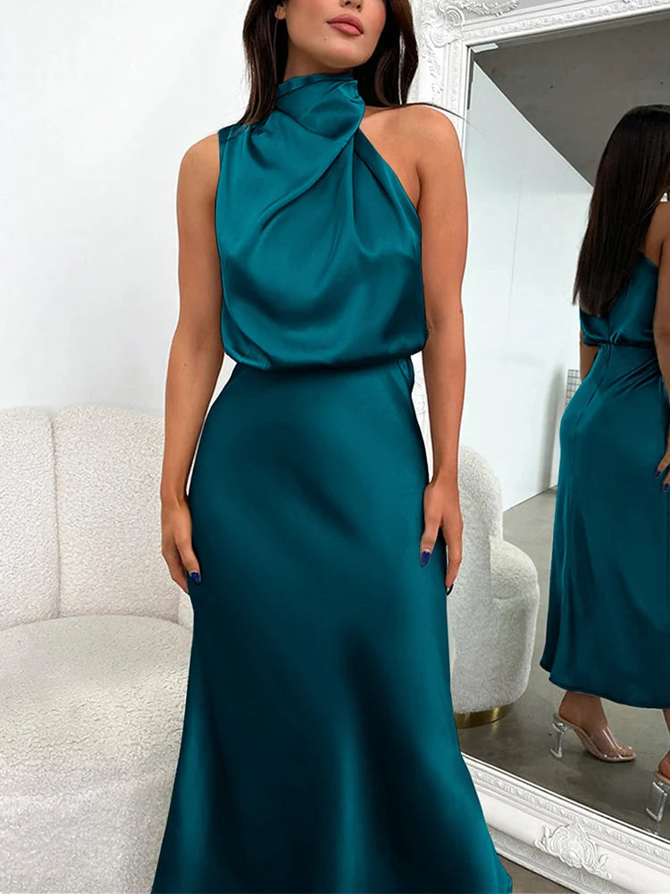 Woman wearing the Lucy satin formal midi dress with draped high neckline and cinched waist - view 4